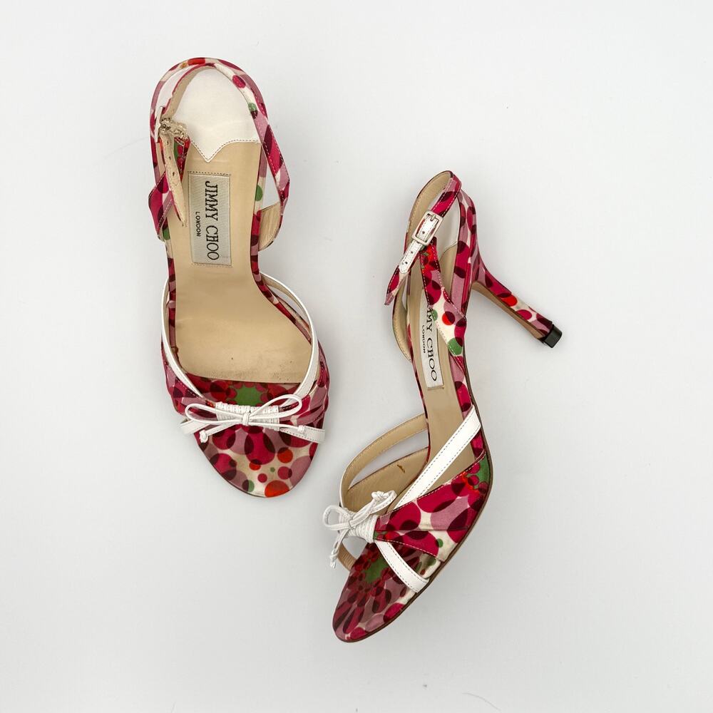 Vintage Jimmy Choo Satin Floral Print Bow Slingback Sandals